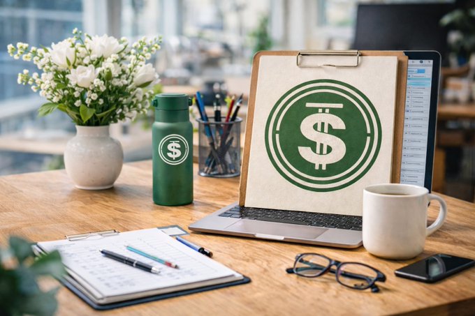 A workspace scene featuring a green USDD-branded water bottle and a laptop displaying the USDD dollar logo, accompanied by flowers, a coffee mug, and office supplies.