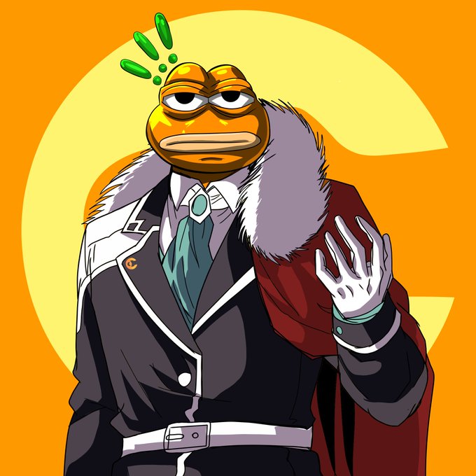 A cartoon-style digital illustration of an anthropomorphic fish-like character in an elegant black suit with a fur-collared red cape, raising one hand in a stylish pose against an orange background.