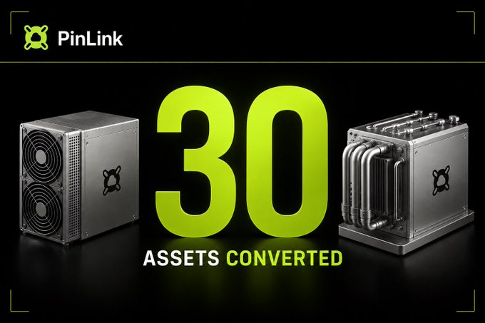 The image features the "PinLink" logo alongside two industrial hydro cooling units flanking a bold "30" graphic with the text "ASSETS CONVERTED," visually illustrating the company's conversion of 30 additional hydro cooling systems to overcome the efficiency challenges posed by the UAE's extreme summer heat.