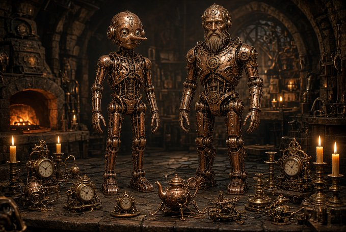 Two steampunk-style metallic robot figures, one with a bearded human-like face, stand in a dimly lit workshop surrounded by ornate clocks and candles.
