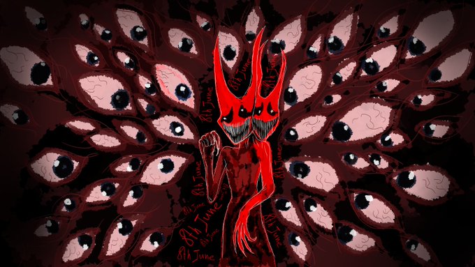 The image features a red monster with multiple eyes, giving it an evil or demonic appearance. The monster is surrounded by numerous eyes of various sizes, creating a sense of chaos and confusion. The background is dark and filled with these large eyes, emphasizing the monster's dominance over its surroundings. The caption to the image reads "Everyone watching Demoonz everyone wants wl everyone waiting June 8th but we already preparing for future june 8th will important but its only one step our CPO is doing research to make future product for Demoonz holders actually useful only you can help us and get GTD".