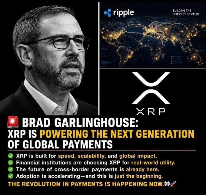 A promotional graphic featuring Brad Garlinghouse alongside the Ripple logo and XRP symbol, with the headline "BRAD GARLINGHOUSE: XRP IS POWERING THE NEXT GENERATION OF GLOBAL PAYMENTS" and bullet points highlighting XRP's speed, scalability, and growing institutional adoption. The image reinforces the accompanying post by visually emphasizing Ripple's role in transforming cross-border payments and XRP's real-world utility as financial institutions seek faster, more efficient global money transfer solutions.