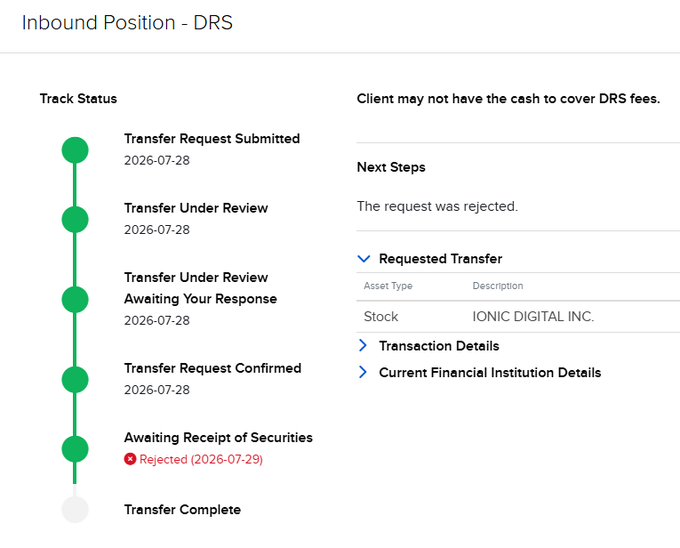 The image shows a "Track Status" timeline for an inbound DRS transfer of IONIC DIGITAL INC. stock, displaying stages from "Transfer Request Submitted" through "Transfer Complete," with the current status indicating the request was rejected on 2026-07-29 due to insufficient cash to cover DRS fees. The notification "Client may not have the cash to cover DRS fees" directly explains the rejection mentioned in the post, where the user funded their account with only $1 instead of the required $100 minimum to handle potential rejection fees.