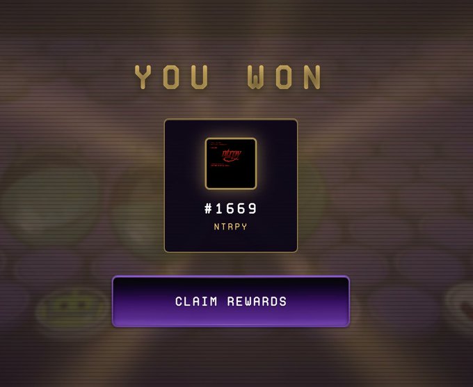 A digital 'YOU WON' screen displaying reward '#1669 NTRPV' with a 'CLAIM REWARDS' button.