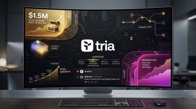 A computer monitor displaying a dashboard for 'tria' showing '$1.5M TOTAL REWARD POOL POTENTIAL', '4 EPOCHS', trading and pool growth charts, and rewards for creators, traders, and referrers.