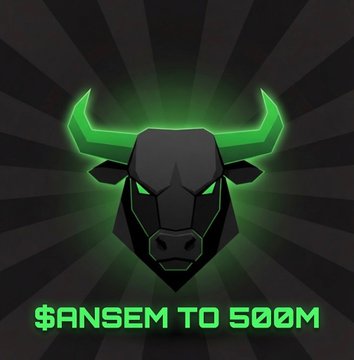 A stylized logo featuring a black bull's head with glowing green horns against a radial background, with text reading '$ANSEM TO 500M'.