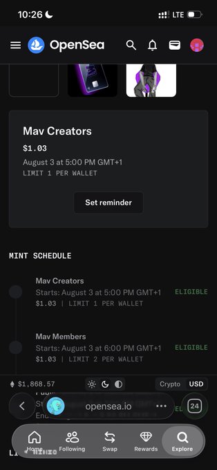 A mobile screenshot from OpenSea showing a 'Mav Creators' mint for $1.03 scheduled for August 3, with eligible mint listings visible below.