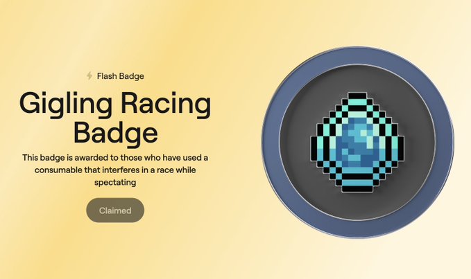 A 'Girling Racing Badge' claim screen showing a blue pixelated diamond icon, with text explaining it is awarded to those who used a consumable that interferes in a race while spectating.