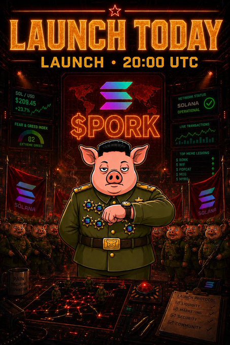 A dramatic promotional poster for the $PORK token launch on Solana, featuring "LAUNCH TODAY" and "LAUNCH • 20:00 UTC" headlines above an anthropomorphic pig general in military attire adorned with medals, flanked by Solana logos and war-room style displays showing "$PORK" price data, "FEAR & GREED INDEX 82 EXTREME GREED," and ticker rankings like BONK, WIF, POPCAT, and PORK—visually reinforcing the post's call to join the "PORK Empire" at 8PM UTC.