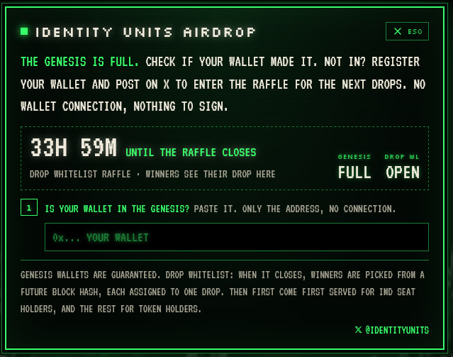 A retro green-and-black terminal-styled webpage for 'IDENTITY UNITS AIRDROP' displaying 'THE GENESIS IS FULL' with a countdown of '33H 59M UNTIL THE RAFFLE CLOSES', asking users to paste their wallet address, with handles @IDENTITYUNITS and X 850 visible.