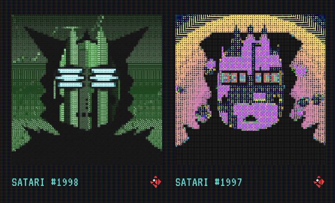 Two pixel-art portraits labeled "SATARI #1998" (green) and "SATARI #1997" (pink) show stylized faces wearing shutter shades.