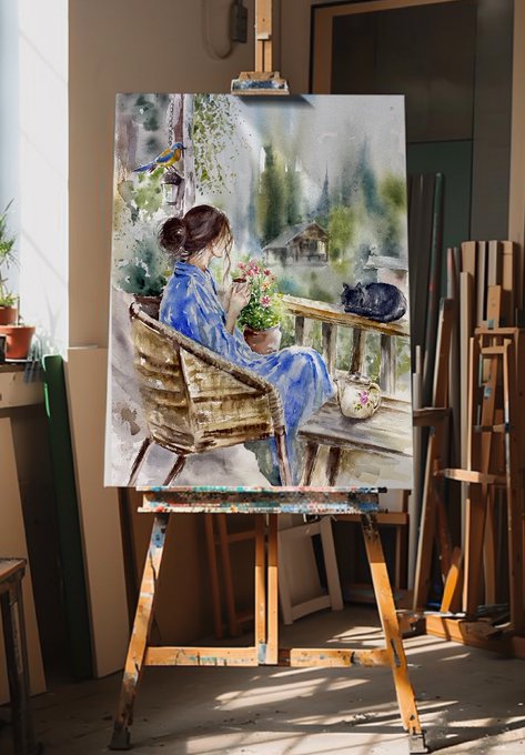 A watercolor painting on an easel depicts a woman in a blue dress sitting in a wicker chair holding flowers, with a cat resting on a wooden railing in a lush garden setting.