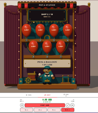 Screenshot from a 'Pop a Gylatlon' style game interface showing a 'Shoot 2/10' counter, a grid of balloons with values like '1.02x' and '1.09x', and a current balance of '4.55 USD'.