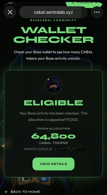 A mobile screenshot of a "WALLET CHECKER" website (cabal.sentralab.xyz) showing "ELIGIBLE" status with a token allocation of 64,800 CABAL tokens, capped at 97,000.