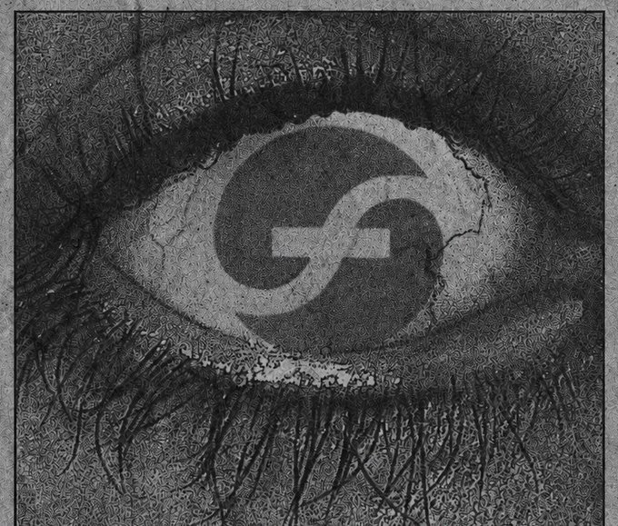 A black and white close-up of an eye with the letter "e" or an infinity-like symbol prominently overlaid on the iris, with visible eyelashes and textured detail.