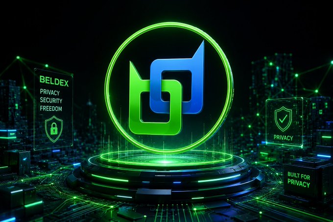 A glowing green and blue logo sits on a digital pedestal surrounded by holographic panels reading 'BELDEX PRIVACY SECURITY FREEDOM' and 'BUILT FOR PRIVACY' against a dark, tech-themed background.