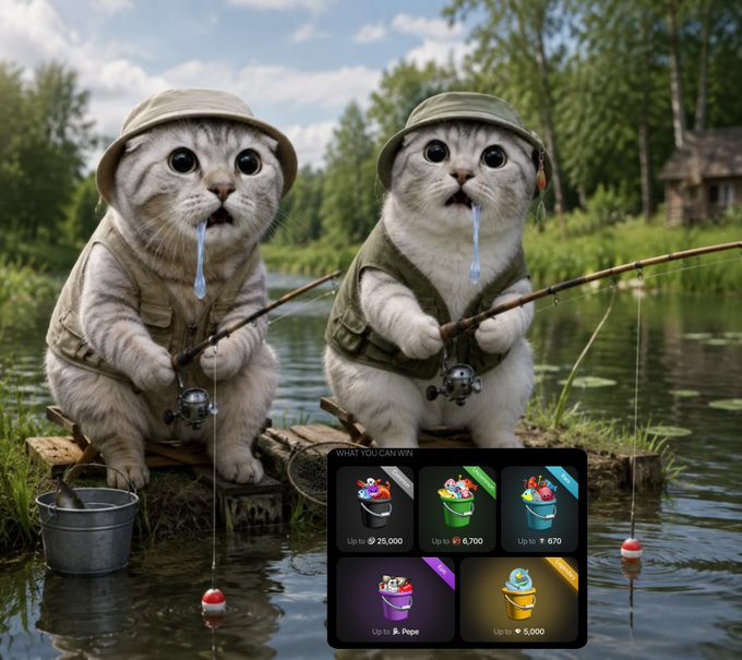 Two cats wearing fishing hats and vests sit on a log holding fishing rods with drool coming from their mouths, with a 'WHAT YOU CAN WIN' overlay showing buckets of crypto rewards.