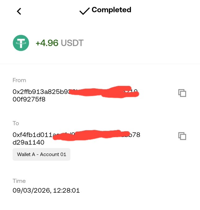 A completed transaction screenshot showing a +4.96 USDT transfer between two wallet addresses on 09/03/2026 at 12:28:01. The image supports the post celebrating a small monthly win, likely from a referral or earning reward via the tagged account.