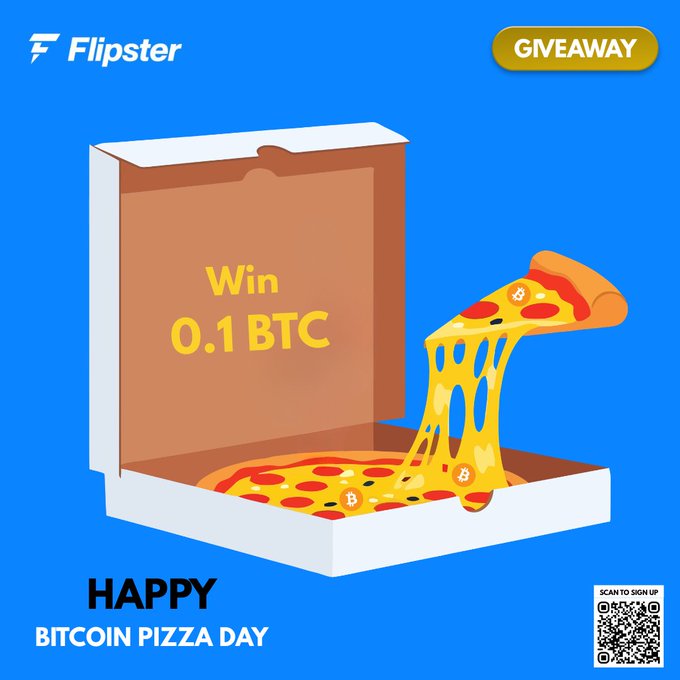 The image features an open pizza box with a slice of pizza being pulled out, which has the text "Win 0.1 BTC" written above it. The background color of the image is blue, and there are two codes visible on the right side - one that says "Happy Bitcoin Pizza Day" and another that reads "Let's celebrate crypto’s most delicious tradition with a 0.1 BTC grand prize and guaranteed rewards for 10 lucky winners! 1 lucky winner will receive 0.1 BTC 10 lucky winners will receive random airdrop rewards To enter: Follow @flipsterio". The image is related to the post because it promotes Bitcoin Pizza Day, which is an event celebrating Bitcoin and pizza.