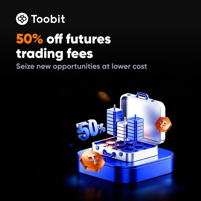 Toobit cryptocurrency exchange advertisement offering '50% off futures trading fees' with the tagline 'Seize new opportunities at lower cost', featuring a 3D illustration of an open briefcase containing coin stacks and tokens.