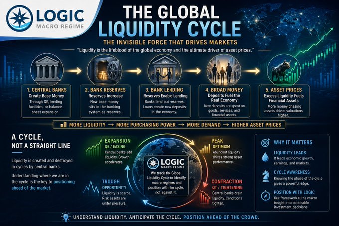 An infographic titled 'THE GLOBAL LIQUIDITY CYCLE' from LOGIC MACRO REGIME, illustrating how liquidity flows from central banks through bank reserves, lending, and broad money to drive market valuations.