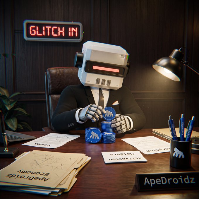 A digital illustration of a robot wearing a suit and VR headset sitting at a desk with an "ApeDroidz" nameplate, sorting stacks of blue coins under a red "GLITCH IN" neon sign.