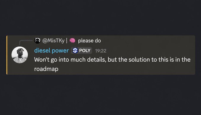 A Discord message shows "diesel power" (labeled as a POLY moderator) responding to user @MisTKy with "please do" and stating "Won't go into much details, but the solution to this is in the roadmap," referencing Polymarket's internal roadmap for integrating Phantom auto-confirm features.