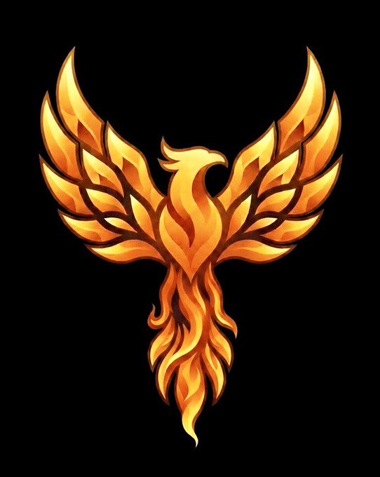 A stylized golden-orange phoenix emblem with spread wings and flame-like tail feathers set against a solid black background.