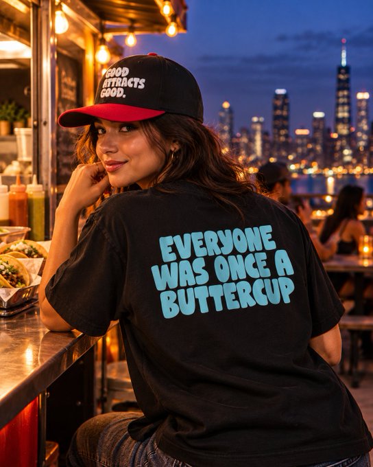 A young woman poses at a night food stand wearing a black cap that says 'FOOD ATTRACTS GOOD.' and a black shirt with blue text reading 'EVERYONE WAS ONCE A BUTTERCUP'.