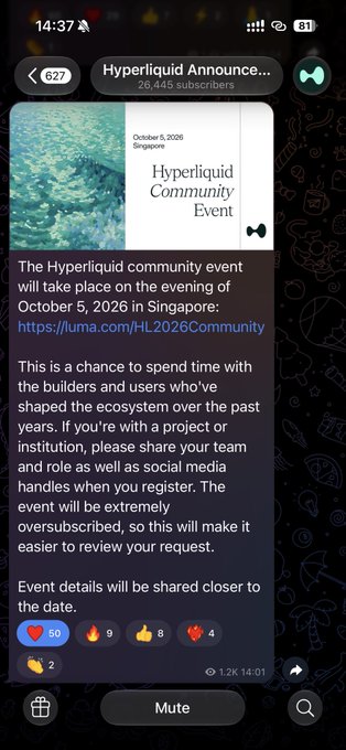 A Telegram screenshot of the Hyperliquid Announcement channel (26,445 subscribers) advertising the 'Hyperliquid Community Event' on October 5, 2026, in Singapore, with a registration link via Luma.