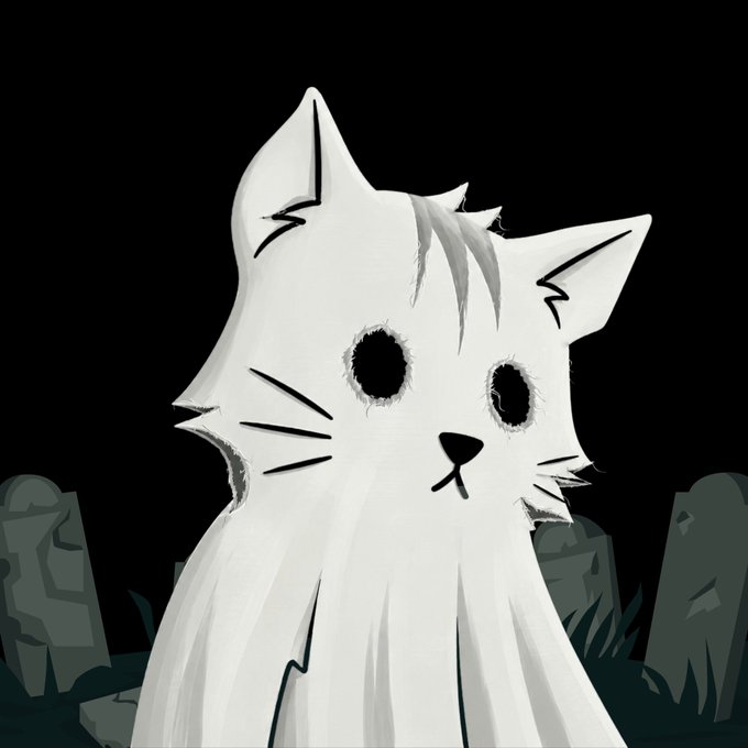 An illustration of a creepy white cat-like ghost creature with hollow black eyes, whiskers, and a sheet-like body against a dark background with gravestones.