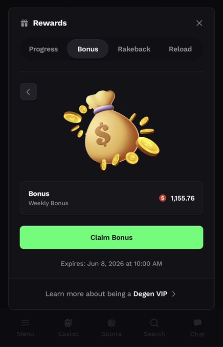 The image shows a mobile phone screen displaying an app called "Degen Vip" that offers a weekly or monthly bonus for users who sign up. The app has a green button with a gold coin symbol, indicating that the user has won a prize. The text on the screen reads "Weekly Bonus just dropped on @degencom code !" and "Drop your weekly bonus below with your Degen username blessing a few people!". This message is related to the post about the app being available for download at the bottom of the image, where users can claim their reward.