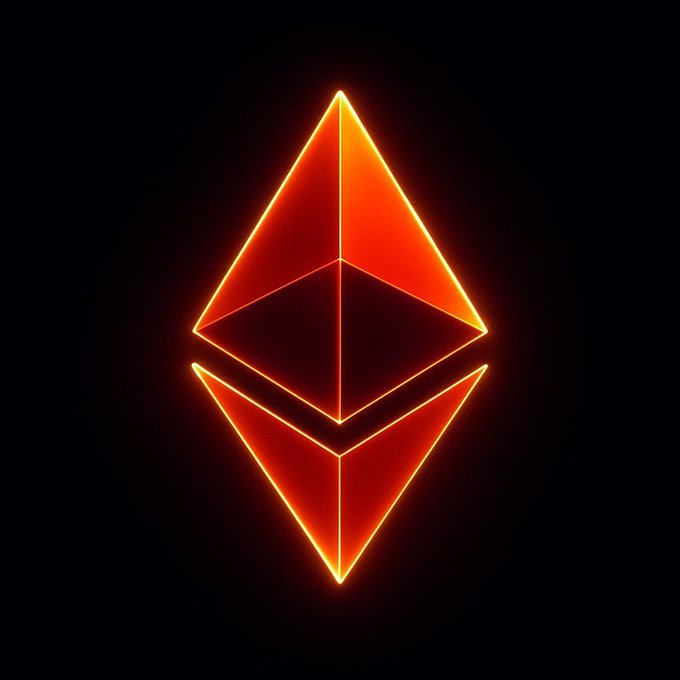 A glowing orange and red Ethereum logo with a 3D octahedron design on a black background.