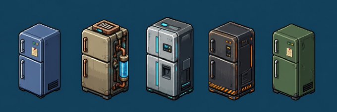 Five stylized, pixel-art refrigerators in blue, tan, silver, dark gray, and green are displayed in a row against a dark teal background.