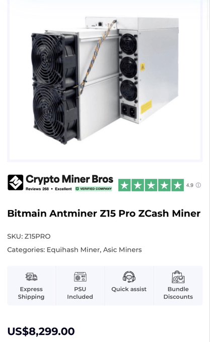 A Bitmain Antminer Z15 Pro ZCash Miner listed for US$8,299.00 on Crypto Miner Bros, matching the post's mention of needing around $8.3k to deploy a $ZEC miner for their first mining farm.