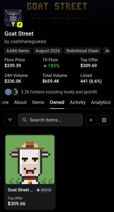 A mobile app screenshot showing a NFT collection called 'Goat Street - THE WALL STREET OF GOATS' on Robinhood Chain with a floor price of $39.39, 3.2K holders, and pixel art goat items.