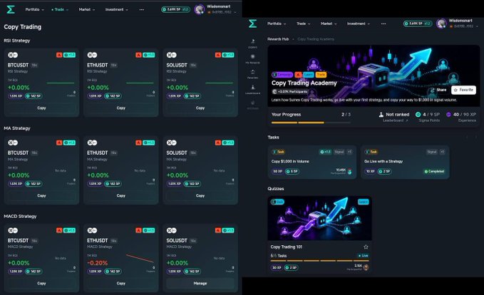 Two dark-themed dashboard interfaces for 'Copy Trading' showing 'RSI Strategy', 'MA Strategy', and 'MACD Strategy' for BTC/USDT, ETH/USDT, and SOL/USDT pairs, alongside a 'Reward Hub' section featuring a 'Copy Trading Academy'.