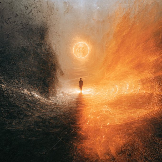 A surreal digital artwork showing a lone silhouetted figure in a coat walking toward a glowing Bitcoin symbol set within a massive wall of swirling orange fire and dark smoke.