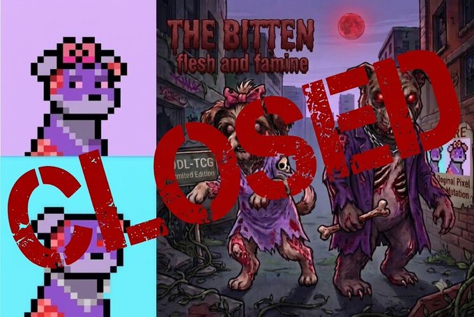 An image with a large red 'CLOSED' stamp overlaid on top of pixel art on the left and game cover art titled 'THE BITTEN flesh and famine' on the right.