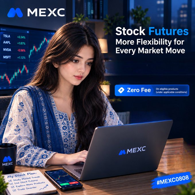 An advertisement for MEXC features a woman working on a laptop, with text promoting 'Stock Futures - More Flexibility for Every Market Move' and 'Zero Fee', alongside a stock ticker showing TSLA, AAPL, NVDA, and MSFT.