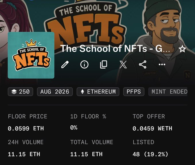 A screenshot of the NFT collection 'The School of NFTs' showing statistics including a floor price of 0.0599 ETH, 250 items on Ethereum, 24H volume of 11.15 ETH, and 48 (19.2%) listed, with mint ended.