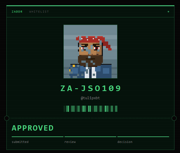 A pixel-art NFT display titled "ZADDR WHITELIST" features a character with a red bandana and blue jacket under the ID "ZA-JSO109" with the handle "@tullipot," accompanied by an "APPROVED" status and a green barcode, aligning with the post about entering the user's Zcash NFT era and highlighting their approved whitelist entry.