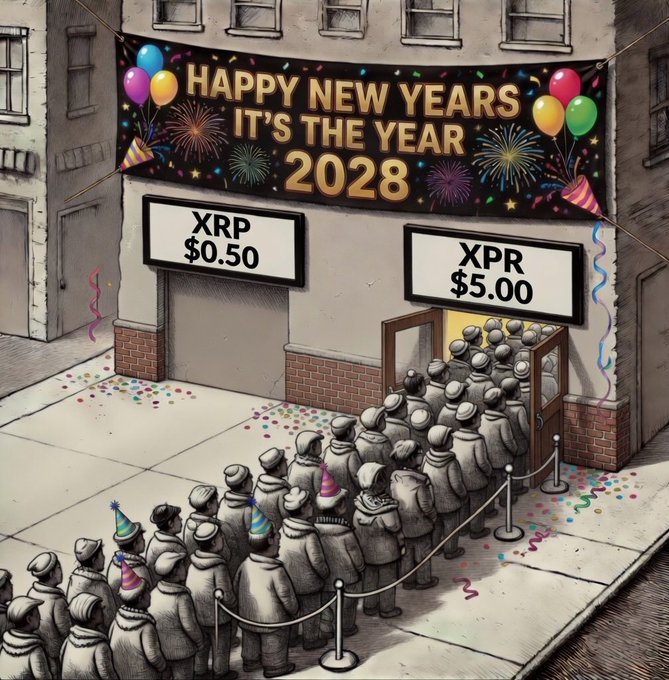 Two signs are hanging over a door, one of which is advertising XPR. A crowd of people can be seen outside a building looking at these advertisements.