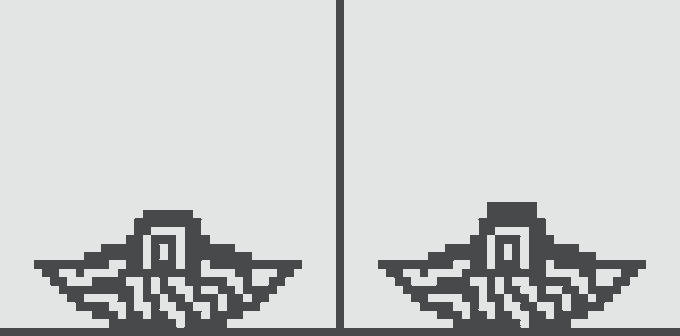 A simple black-and-white pixel art design showing two symmetrical winged emblems separated by a vertical line.