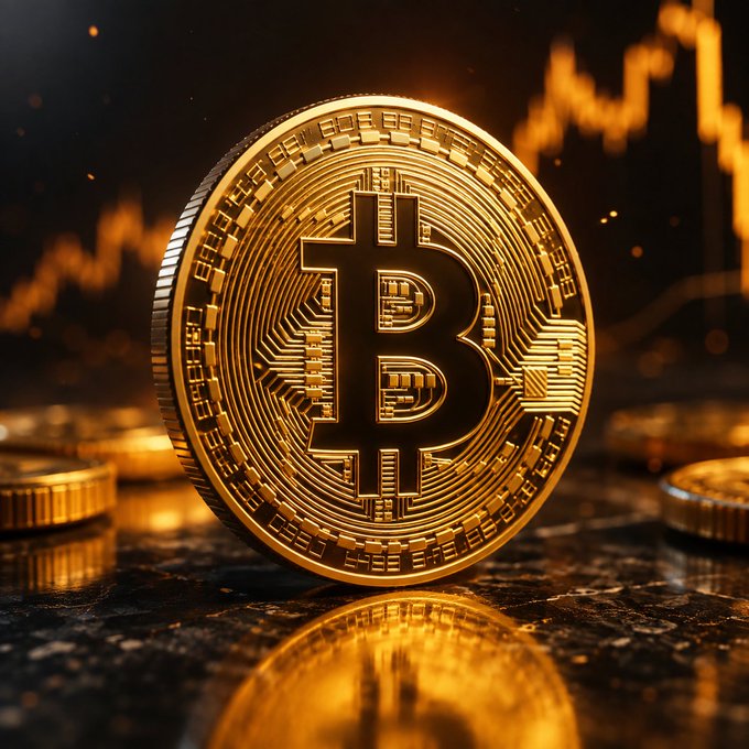 A shiny gold Bitcoin coin resting on a reflective surface, with an orange cryptocurrency price chart and candlestick graph glowing in the background.