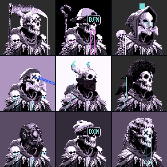 A 3x3 grid of pixel art portraits depicting various skull-faced figures and grim reaper-like characters, some with text labels like "BURN" and "DOOM".