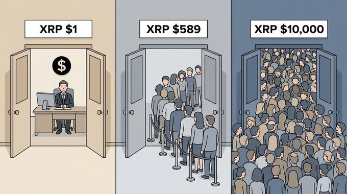 The image depicts three open doorways labeled "XRP $1," "XRP $589," and "XRP $10,000," showing progressively larger crowds entering, symbolizing XRP's growth from a single investor at $1 to massive adoption at $10,000. The accompanying post "We'll succeed together! XRP" ties into the imagery by conveying a message of collective success and community as XRP's value increases.
