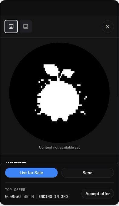 A mobile screenshot of an NFT listing page featuring a pixelated glitch-style white fruit/orb design on a black background, marked "Content not available yet" with options to "List for Sale" or "Send," and a top offer of 0.0056 WETH ending in 3 months. The image appears to show the user's first mint of the day from the @Glrtch project, which they secured at 0.0016 ETH and reached an all-time high of 0.01 ETH.