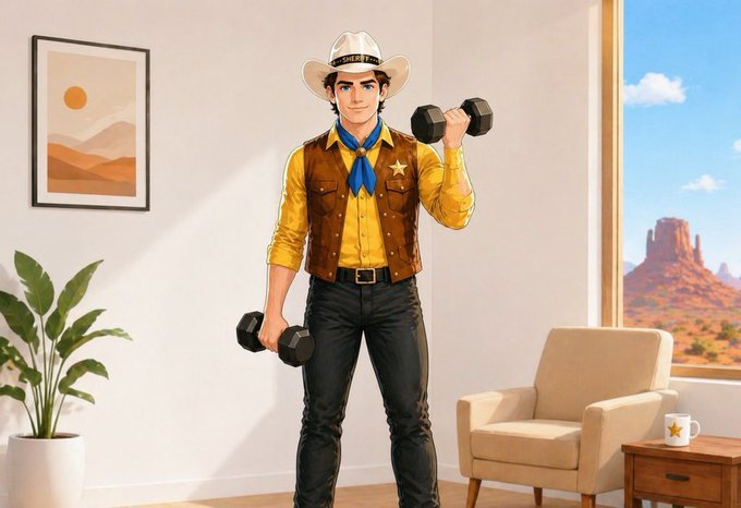 An illustrated cowboy in a yellow shirt, brown vest, and white hat is lifting dumbbells in a desert-themed room with a cactus landscape visible through the window. The image pairs with the "Good Morning Frens! Have a good weekend!" post to convey a motivational, get-fit vibe for starting the weekend strong.