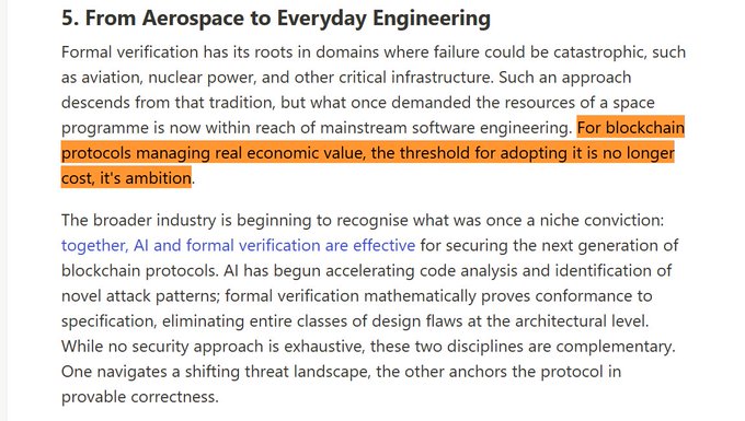 The image is a screenshot of an article about formal verification with a gray background. The text appears to be written by someone, but no names are provided. The main point of discussion seems to be about XRPL lending protocol errors that can occur during testing. One example given in the article is the common pre-XLS error of 'l1 core math'. This error can lead to the collapse of the entire network if not fixed. Additionally, the post emphasizes the importance of stress testing for both XRPL and other protocols used on the network.